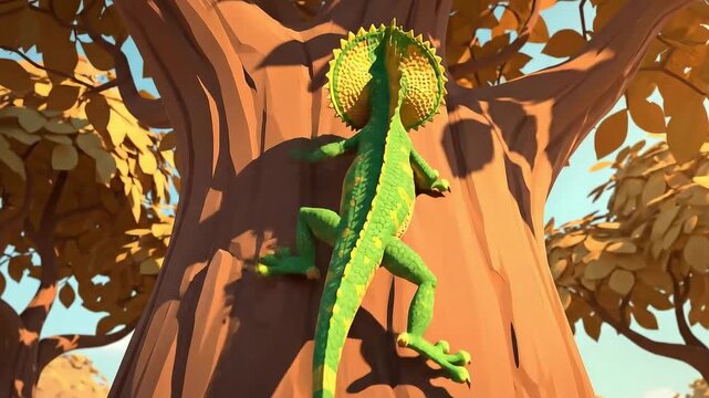 Cartoon green frilled lizard climbing a large cartoon tree trunk