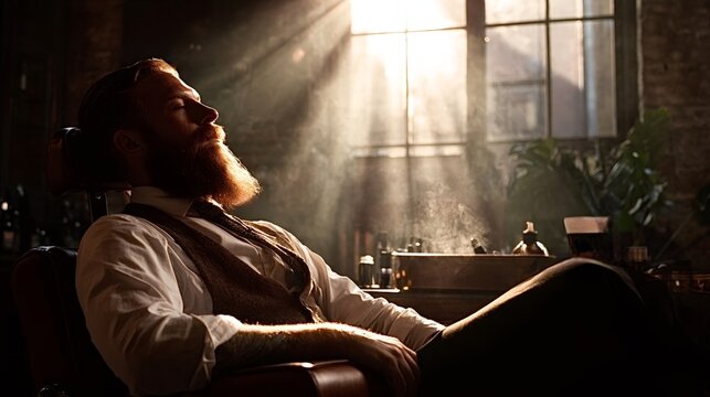 Red bearded man relaxing in a barber chair with eyes closed, enjoying sunlight streaming through the window, creating a serene and timeless atmosphere in a classic barbershop