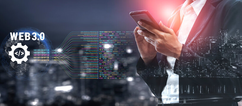 The concept of Web 3.0 development and decentralized data processing. The flow of binary code and information in the next generation internet. Motif - Powered by Adobe