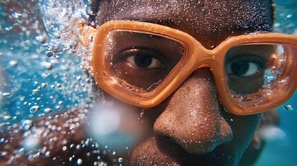 Close up underwater view of a focused swimmer wearing bright orange goggles, immersed in clear blue water with bubbles rising around the face, capturing the energy of aquatic motion