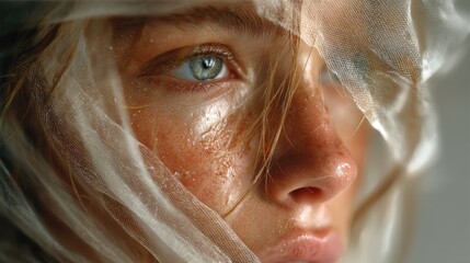 Ethereal Beauty: Close-Up of Woman's Face with Translucent Fabric and Natural Glow