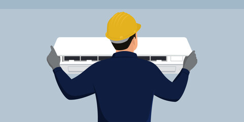 HVAC tecnician repairing a split AC indoor unit
