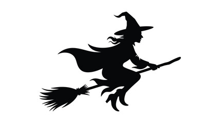 A classic witch flying across the sky on her broomstick.