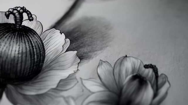 Drawing flowers using pencil on paper with detailed shading and line work