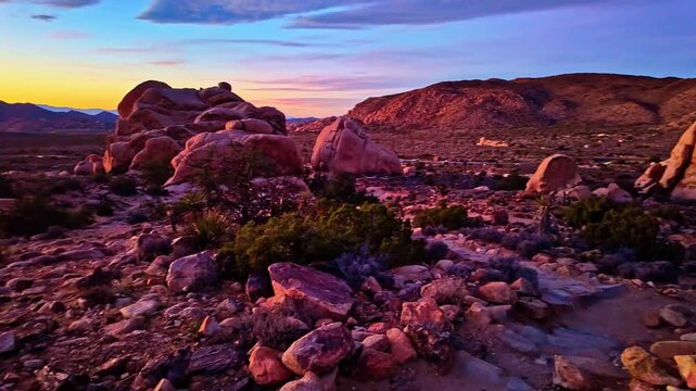 Crimson sunset illuminates valley and rock formations viewed from Ryan Mountain Trail in Joshua Tree National Park California