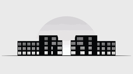 Two contemporary apartment buildings stand under a large subtle arch.