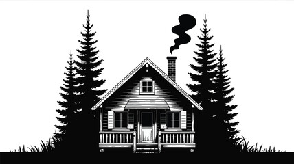 A cozy detailed log cabin nestled between two pine trees.