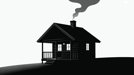 A minimalist log cabin on a slope with smoke.