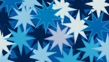 Overlapping spiky stars in light and dark blue tones create a bold abstract pattern with sharp edges and dynamic shapes adding vibrant energy and visual interest to the design