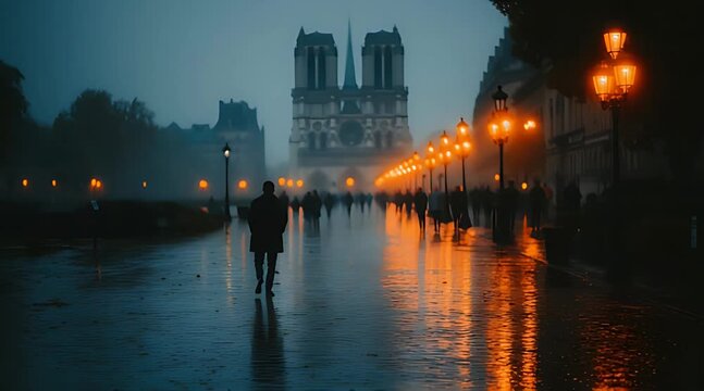 A solitary man walks on a wet, lamp-lit street toward a grand cathedral on a foggy, atmospheric evening in a historic city