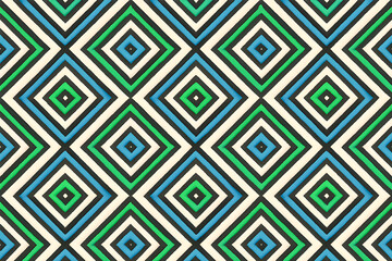 Repeating diamond shapes in blue green black and white create a bold geometric pattern with crisp symmetrical lines and high contrast for a modern and visually striking effect