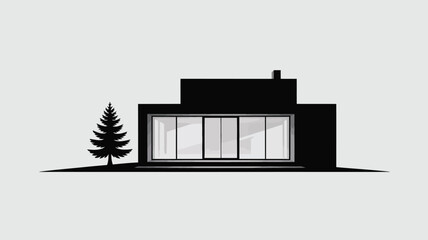 Sleek modern house silhouette with large windows beside an evergreen tree.