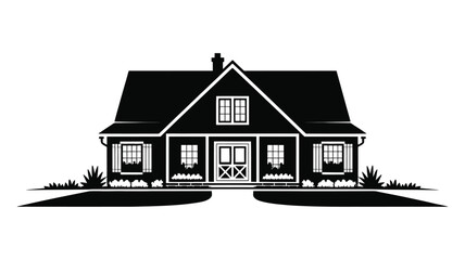 Charming traditional farmhouse illustration with porch and symmetrical windows.