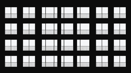 Abstract pattern of white windows with balconies on a dark facade.
