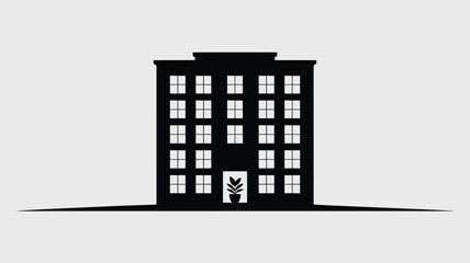 Simple black silhouette of a building with many windows and a plant.