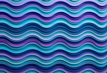 Layered blue teal and purple wavy lines form a repeating geometric pattern with a three dimensional effect creating a symmetrical modern design full of depth and visual movement