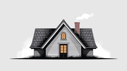 Charming detailed cottage illustration with smoke rising from its chimney.