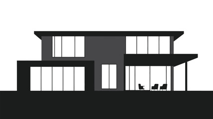 Dark silhouette of a modern minimalist house with large windows.