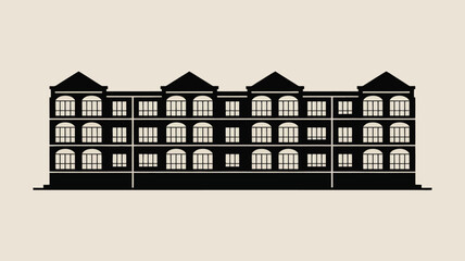 Black silhouette of a classical building with many arched windows.