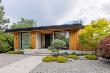 Minimalist Japandi exterior featuring light cedar wood, surrounded by lush greenery and carefully arranged stones, creating a serene and harmonious atmosphere with copy space