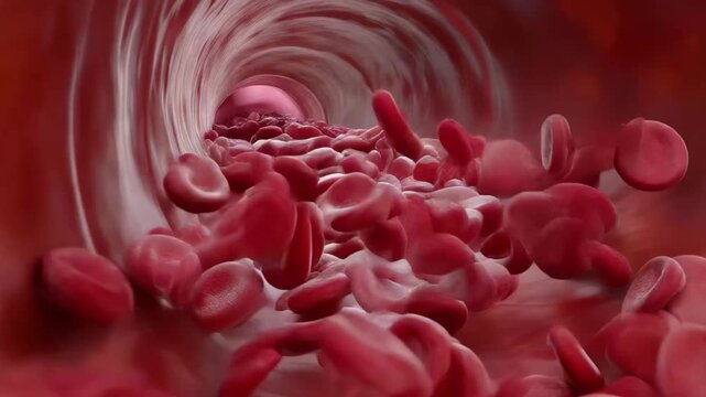View of blood cells moving inside a blood vessel in the human body showing circulation