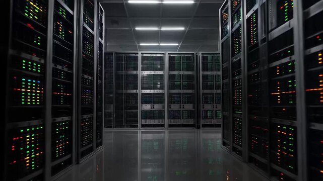 Data center tour showing rows of servers and technology in a modern facility - Powered by Adobe