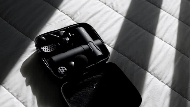 Black electronic accessories in a compact case are arranged on a textured white surface, showcasing the gradual reveal of the items as light casts shadows across the scene