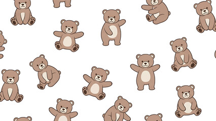 Fototapeta premium Cute brown cartoon teddy bears in various poses forming a seamless pattern on a clean white background