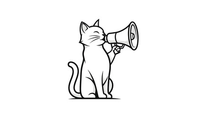 Cute cartoon cat character holding and speaking into a megaphone on a white background, black outline