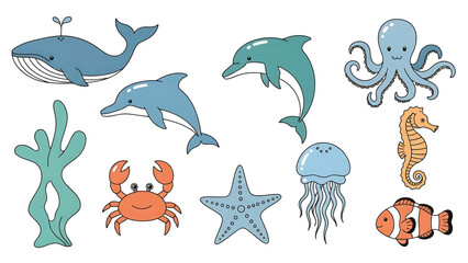 Obraz premium Cute cartoon marine animals and plants whale, dolphin, octopus, crab, seahorse, fish, jellyfish, starfish, coral