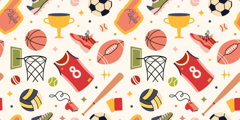 Seamless pattern with team sports gear, balls, uniforms and trophies. Trendy modern vector illustration a light background, hand drawn, flat design