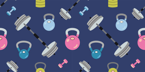 Seamless pattern with fitness equipment like kettlebells, barbells and dumbbells. The concept of strength and weight training. Trendy vector illustration a blue background, hand drawn, flat design