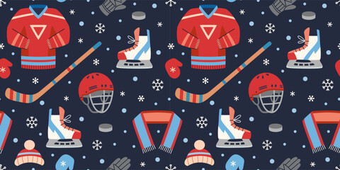Seamless pattern with ice hockey equipment and uniform elements for winter team sport and competition themes. Trendy vector illustration on a dark blue background, hand drawn, flat design