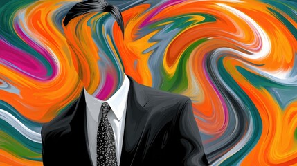 Surreal Abstract Art Featuring Faceless Suit Figure with Colorful Swirl Background
