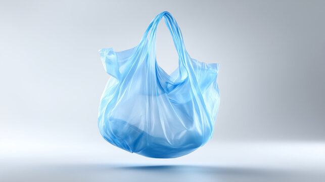 A highly detailed, photorealistic studio shot of a single lightweight blue plastic shopping bag floating slightly in the air, isolated on a pure white background. The bag appears s