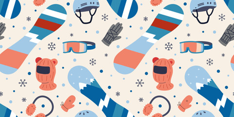 Seamless pattern with snowboarding equipment and winter accessories for extreme sport and outdoor leisure. Trendy vector illustration on a light background, hand drawn, flat design