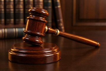 Mahogany legal hammer resting on desk for court verdict