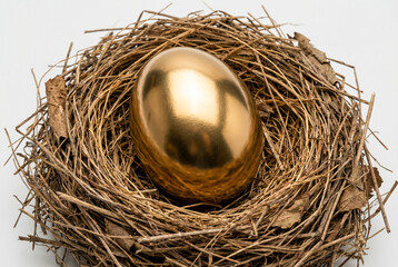 Metallic gold nest egg in straw nest representing financial wealth