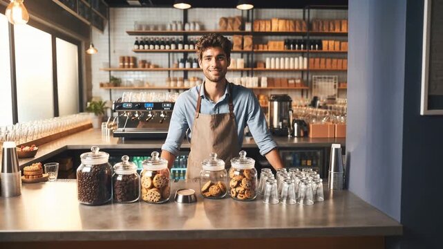 Friendly cafe owner standing at the espresso bar with cookies and cups, illustrating entrepreneurship, local business and welcoming customer service