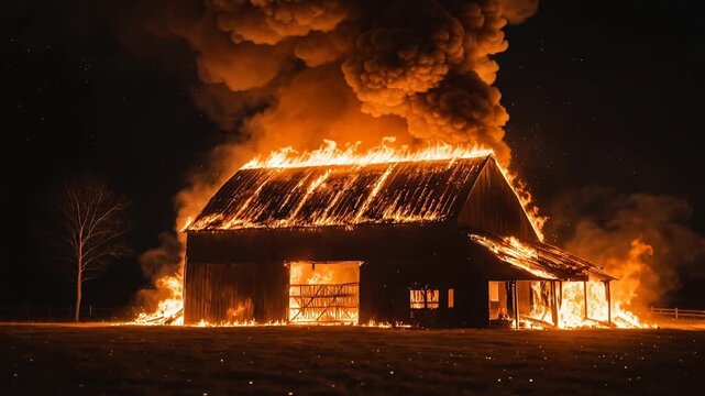 Large wooden barn roof fully ablaze in the dark, symbolizing structure fire, crisis management and property insurance damage