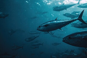 Fototapeta premium School of tuna swimming underwater in deep blue ocean sunlight
