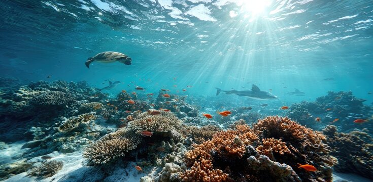 Underwater coral reef scene with marine life and sunlight rays