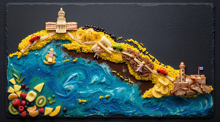 A delicious food map of Cuba featuring iconic landmarks and Caribbean flavors.