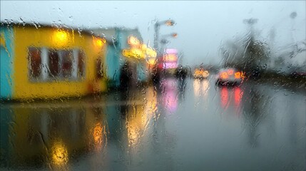 Rain-Soaked Urban Landscape Blurred by Colorful Lights on a Gloomy Evening