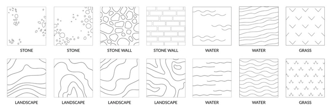 Landscape geographic icons depicting stone, a stone wall, land, water, and grassy terrain vector texture	
