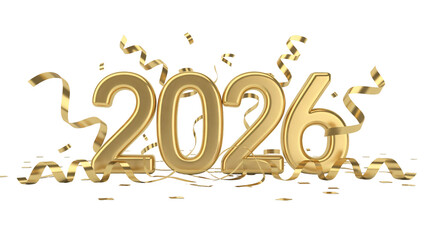 Golden 2026 celebration with confetti and ribbons in bright shiny gold on white background for New Years Eve party