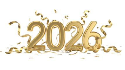 Golden 2026 celebration with confetti and ribbons in bright shiny gold on white background for New Years Eve party