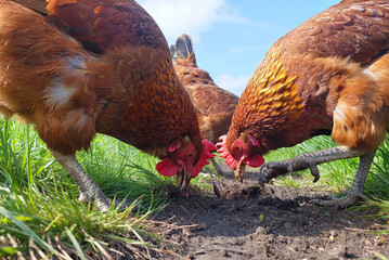 Braune H&uuml;hner suchen auf einer Wiese am Boden  nach Futter - mit generative AI erzeugtes H&uuml;hnerfoto als Nahaufnahme.