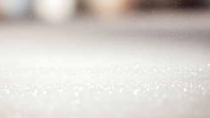 Macro View of Sparkling White Snow or Silver Glitter with Soft Bokeh Lights