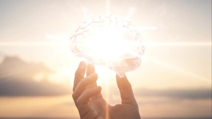 A serene hand holding a glowing light bulb against a vibrant sunset sky